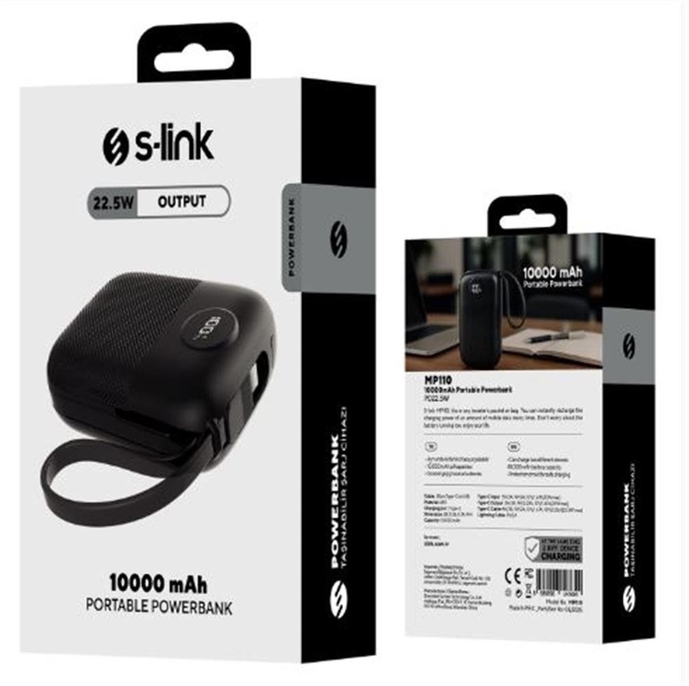 S-LinkS-link MP110 10000mAh PD22.5W Type-C+Lightning Kablolu Siyah  Pil Şarj Cihazı Powerbank8680096147654