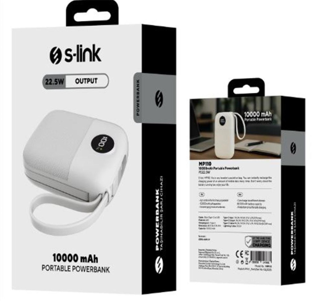 S-LinkS-link MP110 10000mAh PD22.5W Type-C+Lightning Kablolu Beyaz  Pil Şarj Cihazı Powerbank8680096147661