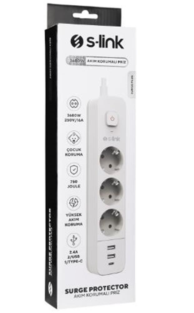S-LinkS-link SPG03TC 5V2.4A 1.5m 3x1.00mm 100 yüzde  Bakır 750 Joule 3 lü Anahtarlı Akım Korumalı Beyaz Priz8680096118852