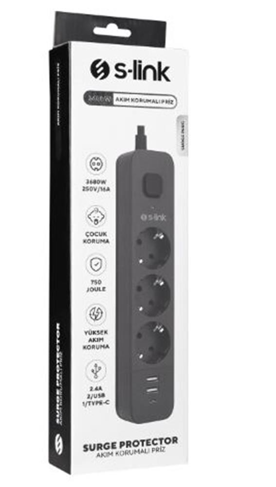S-LinkS-link SPG03U  5V2.4A 1.5m 3x1.00mm 100 yüzde  Bakır 750 Joule 3 lü Anahtarlı Akım Korumalı Siyah Priz8680096118869