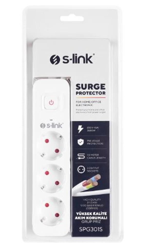 S-LinkS-link SPG301S 1.5m 3x1.5mm 100 yüzde  Bakır 750 Joule 3 lü Anahtarlı Akım Korumalı Priz8680096024368