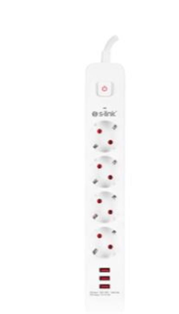 S-LinkS-link SPG403U 1.5m 1.5mm 100 yüzde  Bakır 750 Joule 3 Usb 5V2.4A 4lü Anahtarlı Akım Korumalı Priz8680096021572