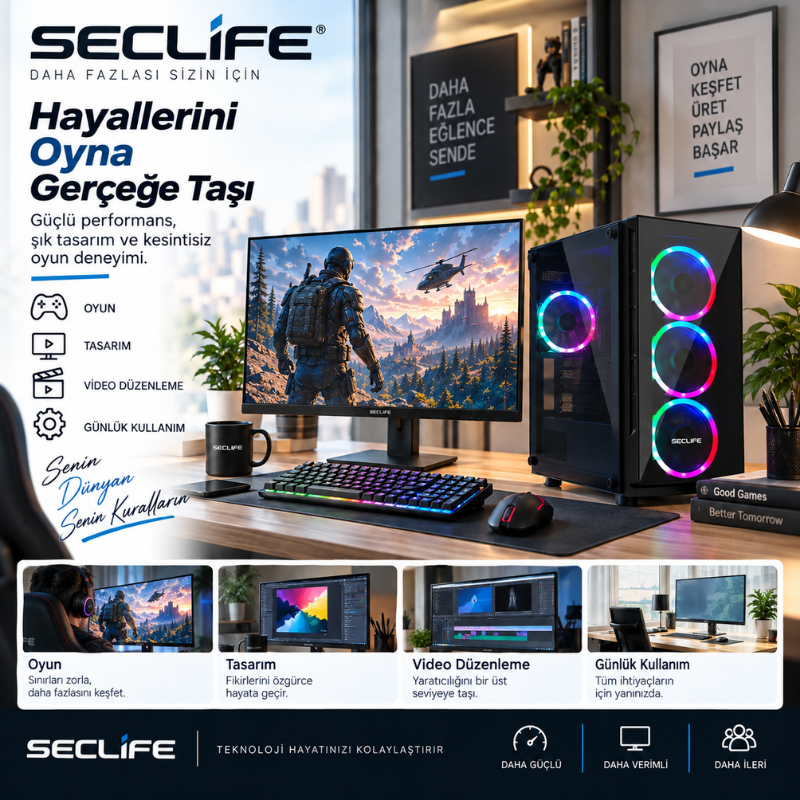 SECLIFESeclife GM-1452 i5-14400F 16GB 512GB Nvme 8GB 5050 VGA 500W Dos Oyuncu PcGM-1452