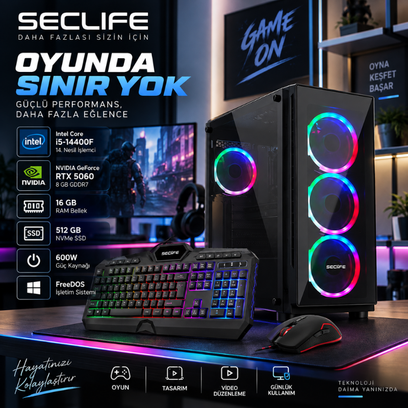 SECLIFESeclife GM-1462 i5-14400F 16GB 512GB Nvme 8GB 5060 VGA 600W Dos Oyuncu PcGM-1462