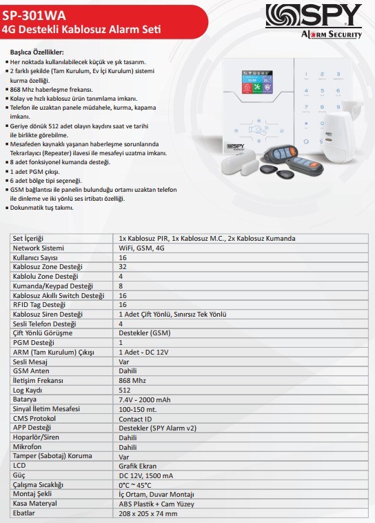 SPYSPY SP-301WA WIFI / GSM / GPRS Destekli Kablosuz Alarm SetiSP-301WA