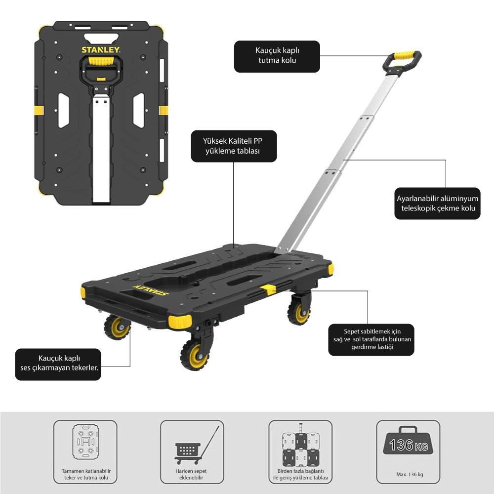 STANLEYSTANLEY PC532B 137kg 62x45cm Dört Tekerli Çekme Kollu Yük ve Paket Taşıma Arabası + FT505 Çok Amaçlı Taşıma SepetiPC532B