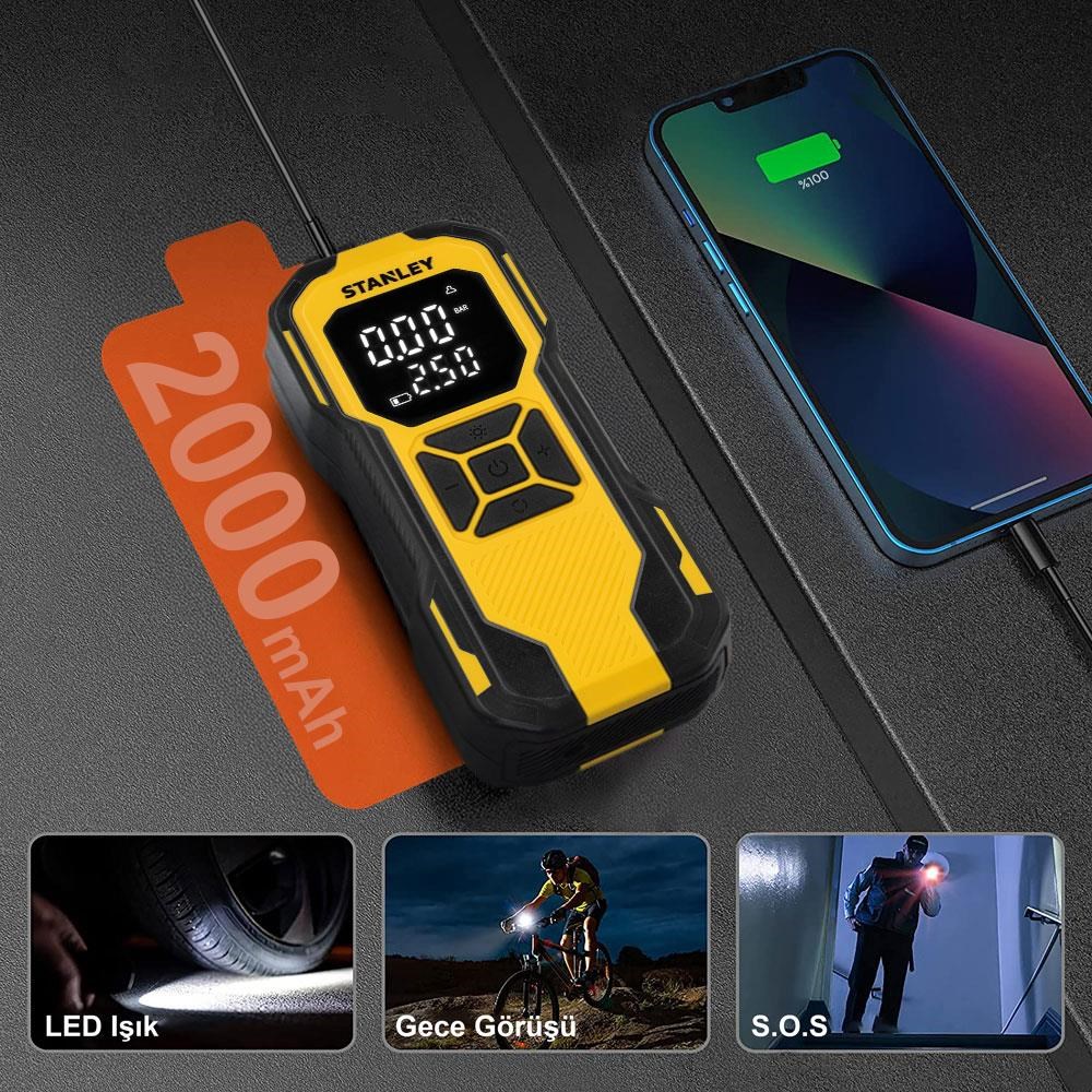 STANLEYSTANLEY SXIF0101 12V / Şarjlı Li-ion 150 PSI Dijital Göstergeli Akıllı Lastik Şişirme Pompası+Powerbank+SOS+Led LambaSXIF0101