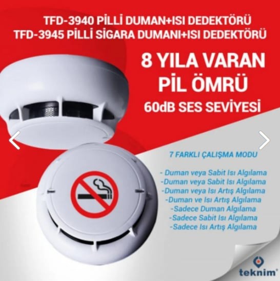 TeknimTeknim TFD-3940 Pilli (Multisensör) Optik Duman + Sabit Isı Dedektörü Taban Dahil + 2 Adet CR123A Pil DahilTFD-3940Pilli