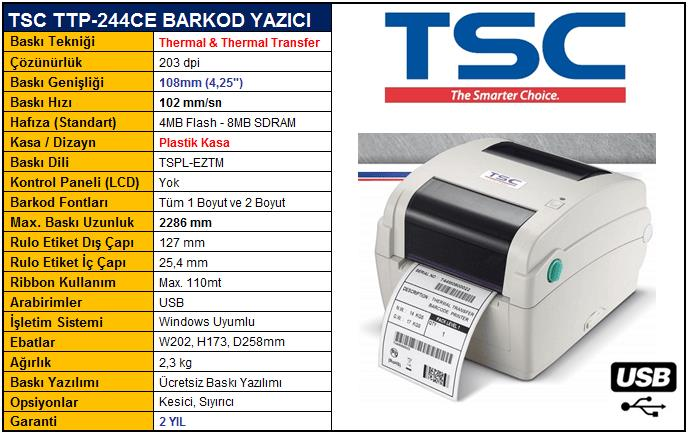 TSCTSC TTP-244CE Termal Transfer Barkod Etiket YazıcıTTP-244CE