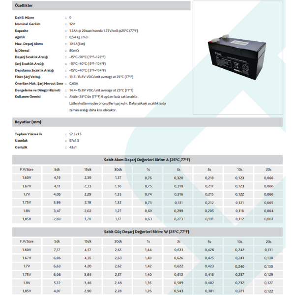TTEC PLUSTtec 12V 1.3AH Bakımsız Kuru Akü8694470927244
