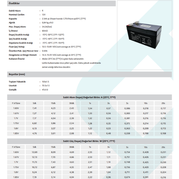 TTEC PLUSTtec 12V 2.3AH Bakımsız Kuru Akü Yatay8694470584393