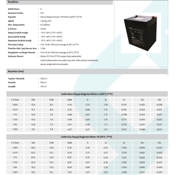 TTEC PLUSTtec 12V 5AH Bakımsız Kuru Akü8694470927336