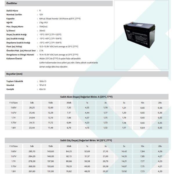 TTEC PLUSTtec 12V 7AH-20HR Base Bakımsız Kuru Akü Alarm-Siren için Ups Uygun Değil 1,75 Kg8694470584416