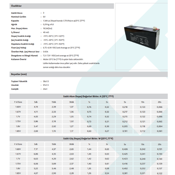 TTEC PLUSTtec 6V 1.3AH Bakımsız Kuru Akü8694470467313
