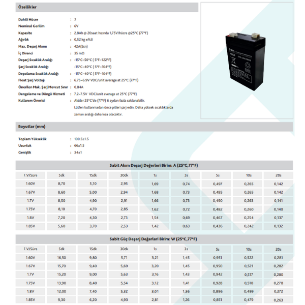TTEC PLUSTtec 6V 2.8AH Bakımsız Kuru Akü8694470962481
