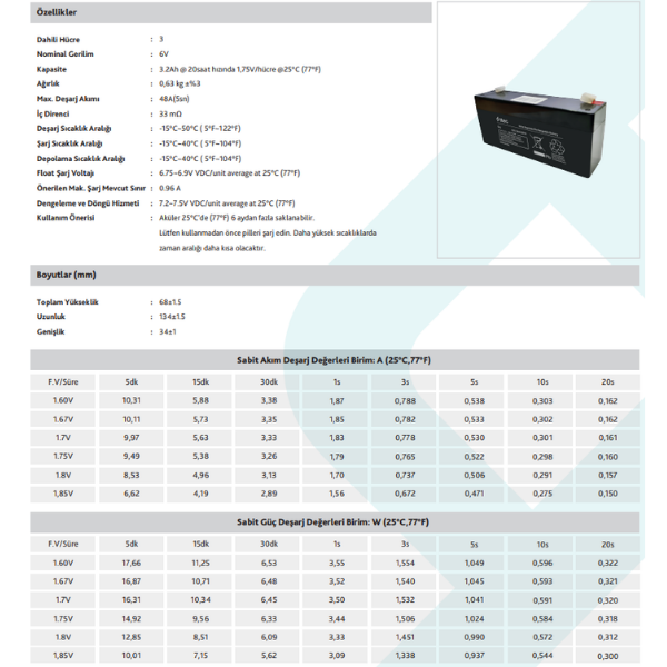 TTEC PLUSTtec 6V 3.2AH Bakımsız Kuru Akü8694470517292