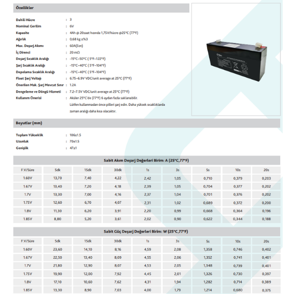 TTEC PLUSTtec 6V 4Ah Bakımsız Kuru Akü8694470927398