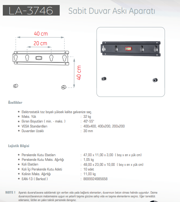UltimateUltimate LA-3746 32''- 55'' Sabit TV Askı Aparatı 32 Kg LA-3746