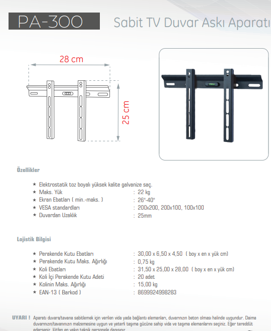 UltimateUltimate PA-300 15''- 40'' Sabit Tv Askı Aparatı 22 KgPA-300