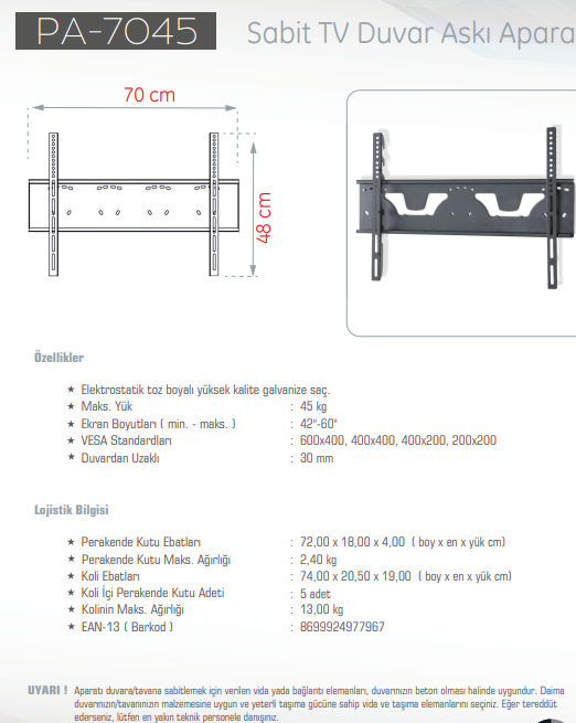 UltimateUltimate PA-7045 40-60 LCD-Led Sabit Askı Aparatı 45 KgPA-7045