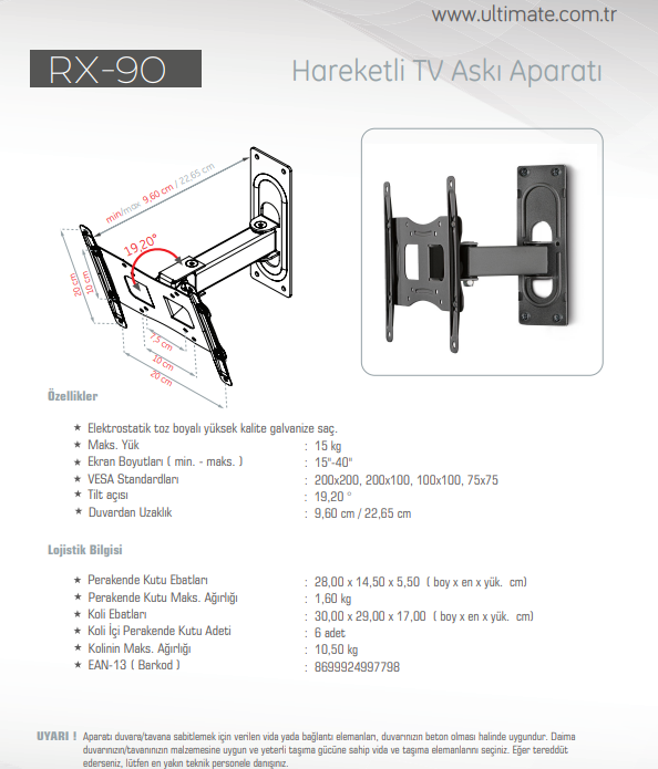 UltimateUltimate RX-90 15-40 inç Hareketli Askı Aparatı 15 KgRX-90