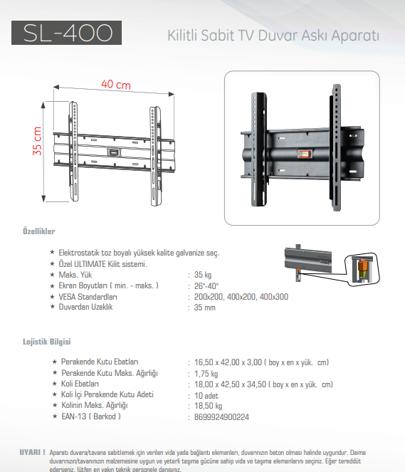 UltimateUltimate SL-400 26-40 inç Sabit Televizyon Askı Aparatı 35 KgSL-400