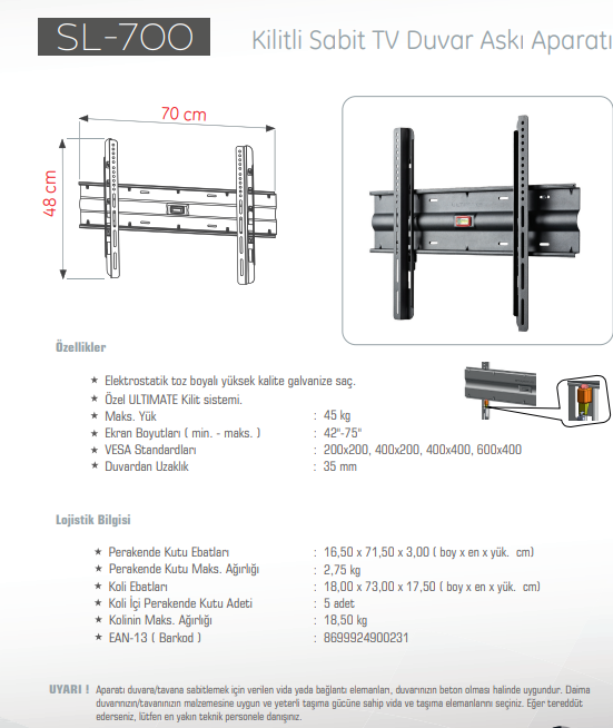 UltimateUltimate SL-700 42''-75'' Kilitli Sabit Tv Askı Aparatı 45 KgSL-700