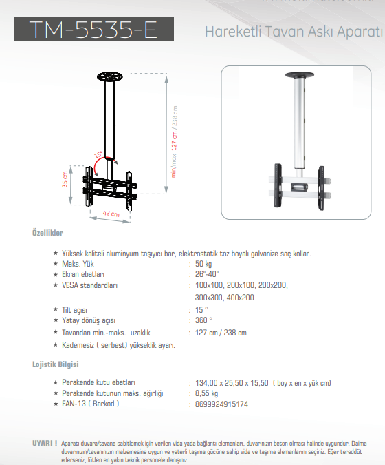 UltimateUltimate TM-5535-E LCD LED TV Tavan Askı Aparatı 50 KgTM-5535-E