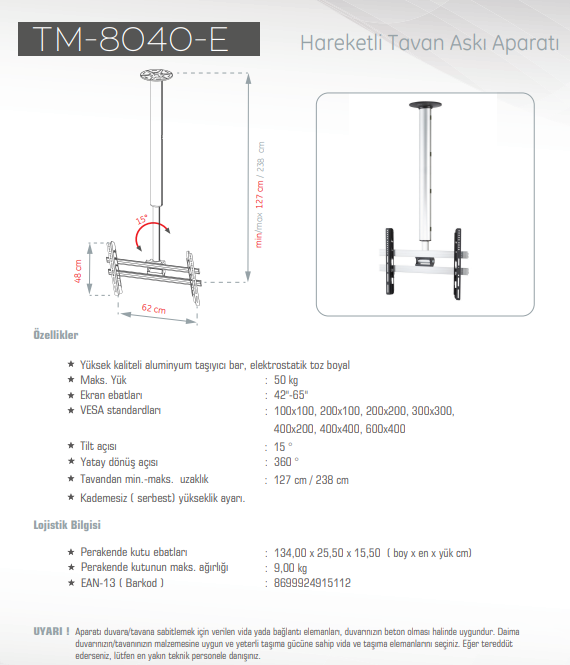 UltimateUltimate TM-8040-E TV Tavan Askı Aparatları 50 KgTM-8040-E