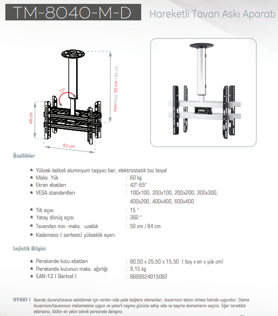 UltimateUltimate TM-8040-M-D Tavan Askı Aparatı 60 KgTM-8040-M-D