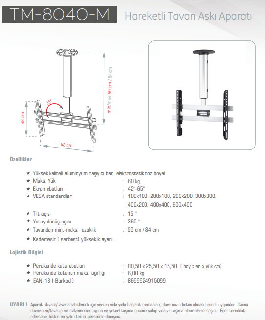 UltimateUltimate TM-8040-M Tv Tavan Askı Aparatı 60 KgTM-8040-M