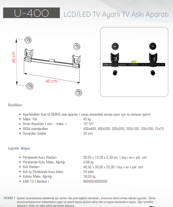 UltimateUltimate U-400 15' - 46' Lcd Televizyon Askı Aparatı 45 KgU-400