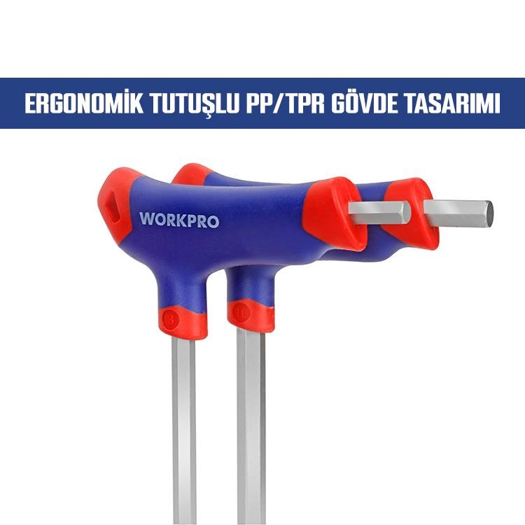WorkproWORKPRO WP200542 8 Parça CR-V Top Başlı T Tipi Uzun Profesyonel Allen Anahtar TakımıWP200542