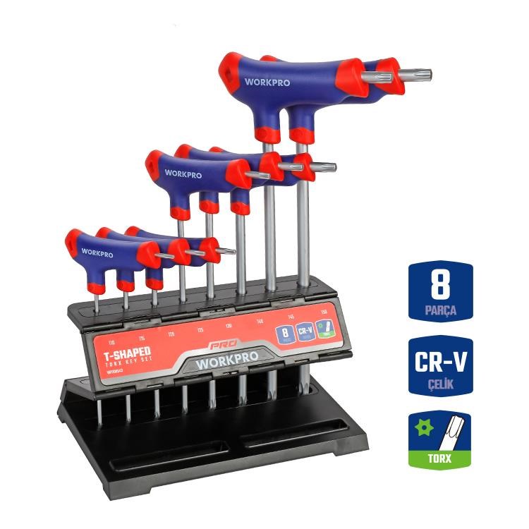 WorkproWORKPRO WP200543 8 Parça CR-V T Tipi Uzun Delikli Torx Profesyonel Allen Anahtar TakımıWP200543