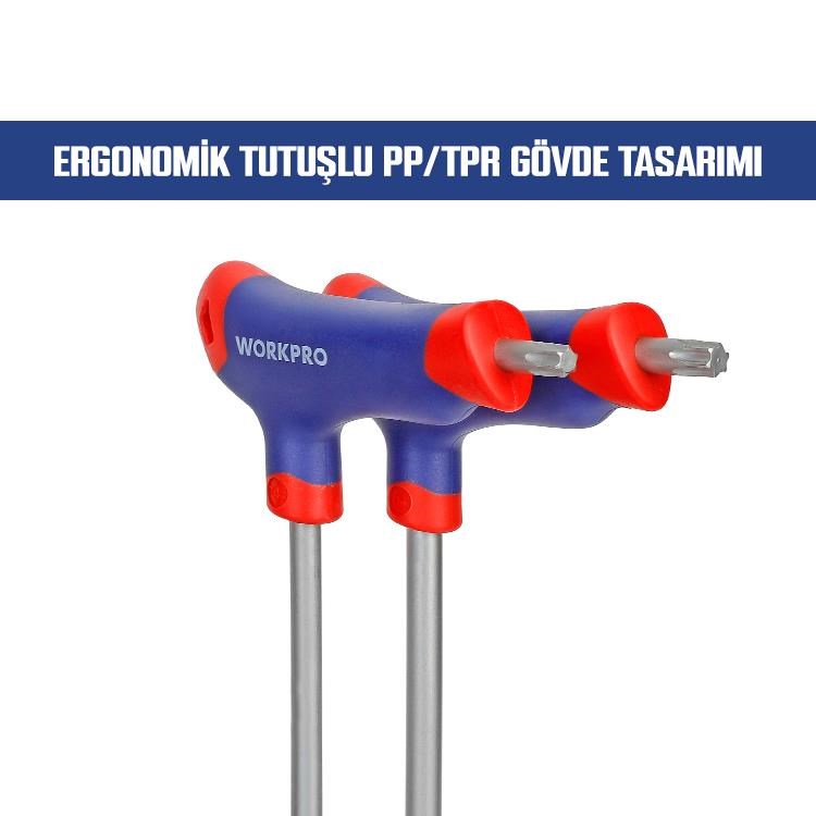 WorkproWORKPRO WP200543 8 Parça CR-V T Tipi Uzun Delikli Torx Profesyonel Allen Anahtar TakımıWP200543