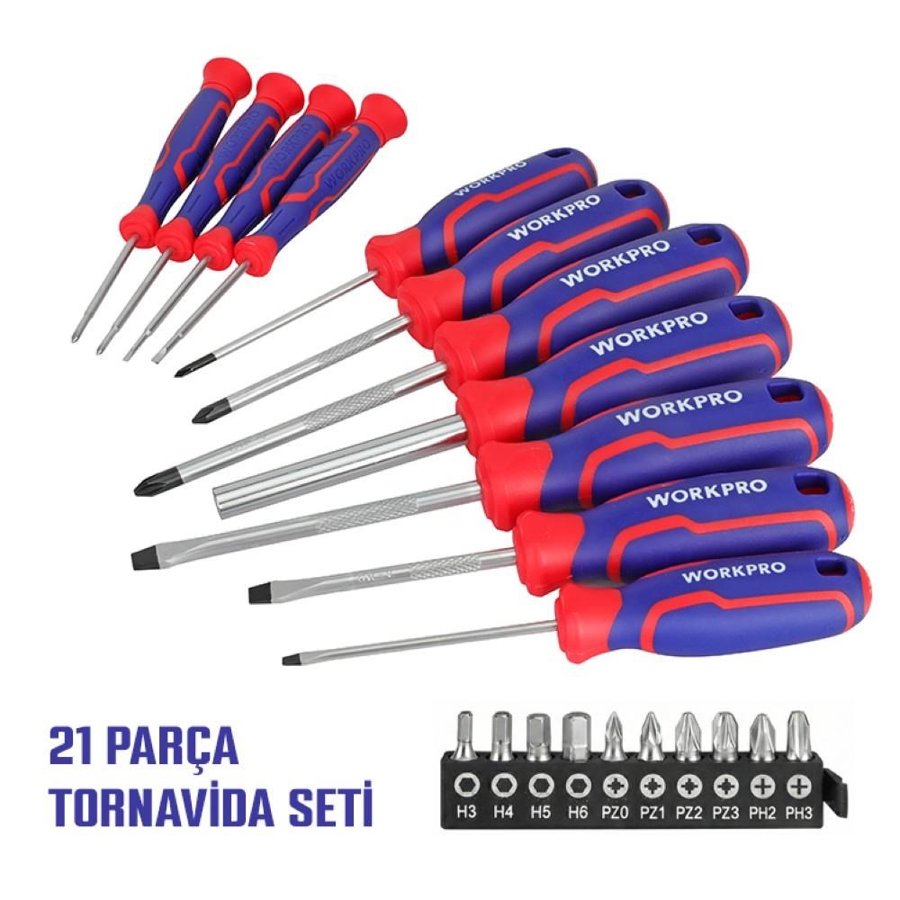 WorkproWORKPRO WP200551 21 Parça CR-V Duvar Askı Aparatlı Profesyonel Manyetik Tornavida SetiWP200551