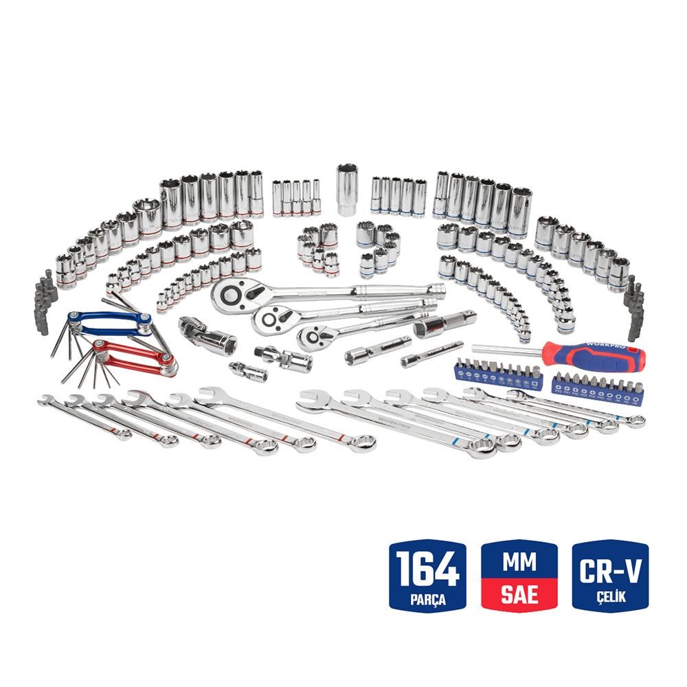 WorkproWORKPRO WP202530 1/4'’ 3/8’’ 1/2'’ Metrik/İnç 164 Parça Cr-V Ağır Hizmet Lokma ve Kombine Anahtar TakımıWP202530