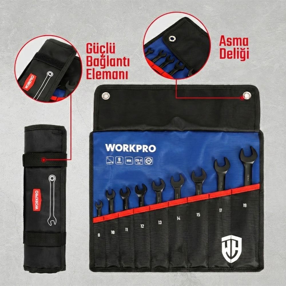 WorkproWORKPRO WP202602 8-19mm 9 Parça CR-V Profesyonel Cırcır Kombine Anahtar Takımı + Bez Taşıma KılıfıWP202602