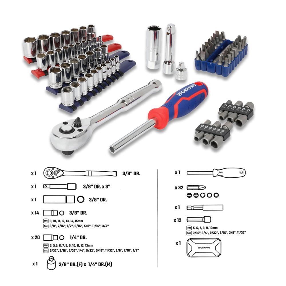 WorkproWORKPRO WP209006 84 Parça 3/8’’ 1/4’’ CR-V Metrik/İnç Profesyonel Lokma ve Bits Uç TakımıWP209006