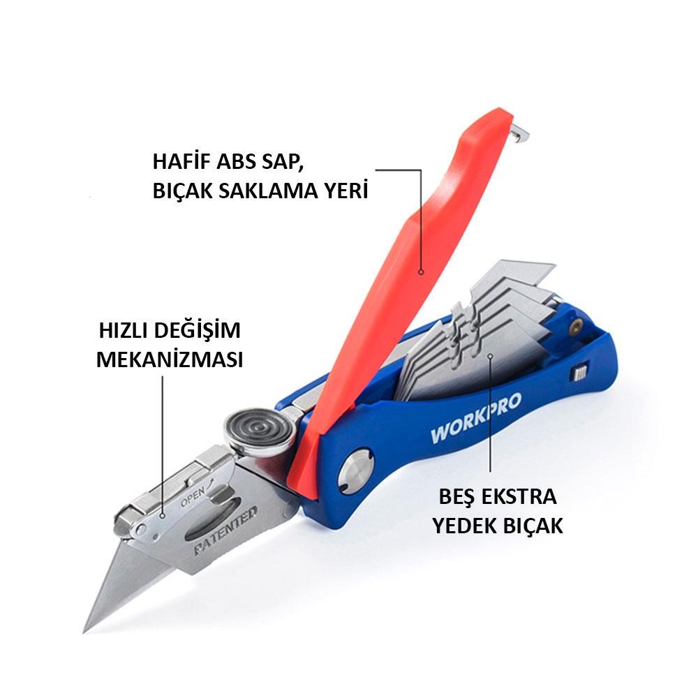 WorkproWORKPRO WP211006 Ağır Hizmet Paslanmaz Çelik Gövde Katlanır Rötuş Maket Bıçağı + 6 Adet Yedek BıçakWP211006