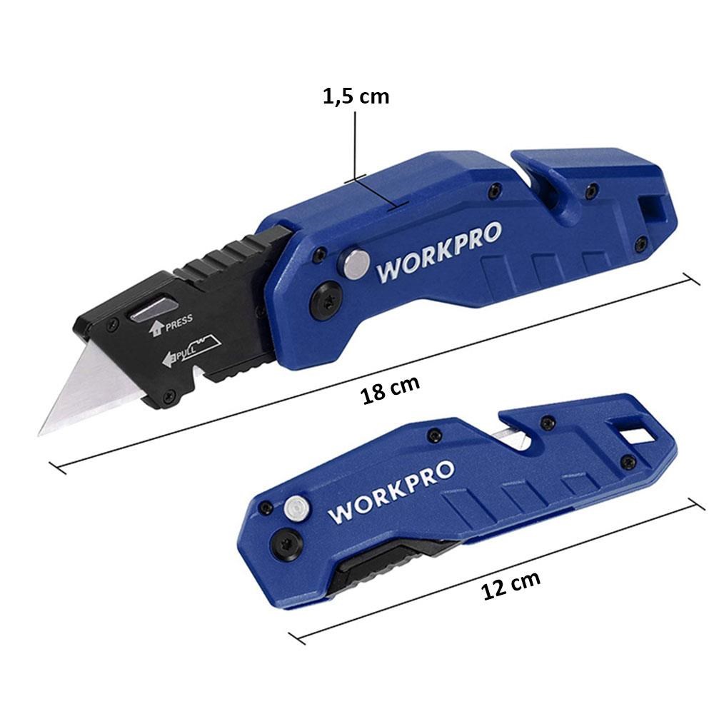 WorkproWORKPRO WP211008 Profesyonel Katlanır Çok Amaçlı Rötuş Maket Bıçağı + 10 Adet Yedek BıçakWP211008