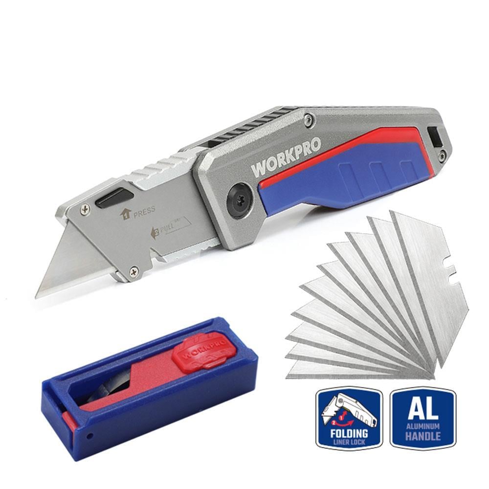 WorkproWORKPRO WP211012 Ağır Hizmet Alüminyum Gövde Katlanır Rötuş Maket Bıçağı + 10 Adet Yedek BıçakWP211012