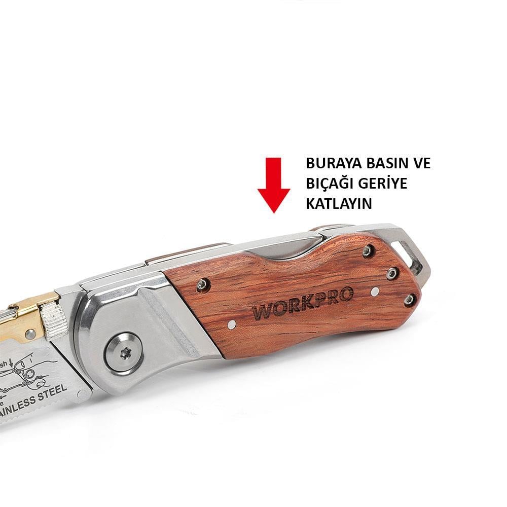 WorkproWORKPRO WP211014 Ağır Hizmet Paslanmaz Çelik/Ahşap Gövde Katlanır Rötuş Maket Bıçağı + 10 Adet Yedek BıçakWP211014
