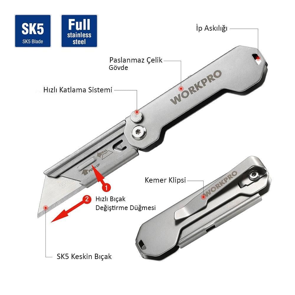 WorkproWORKPRO WP211016 Paslanmaz Çelik Gövde Katlanır Rötuş Maket BıçağıWP211016