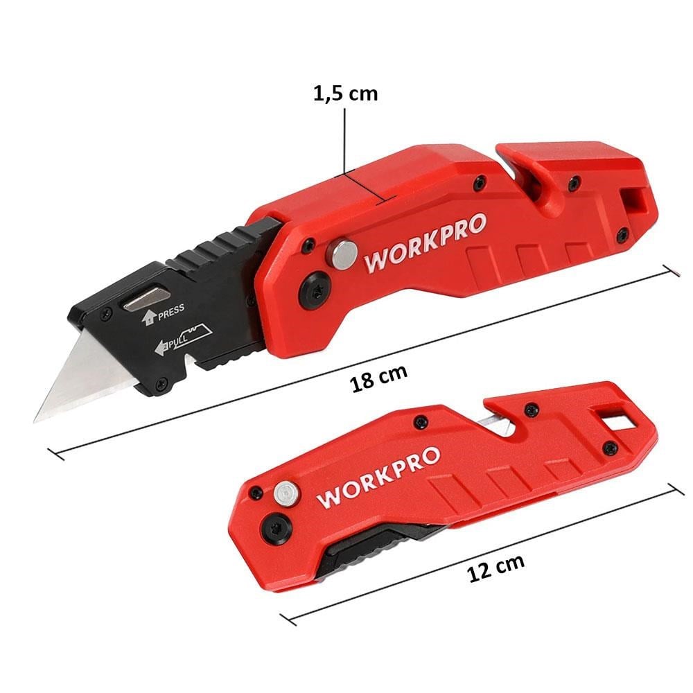 WorkproWORKPRO WP211018 Profesyonel Katlanır Çok Amaçlı Rötuş Maket Bıçağı + 10 Adet Yedek BıçakWP211018