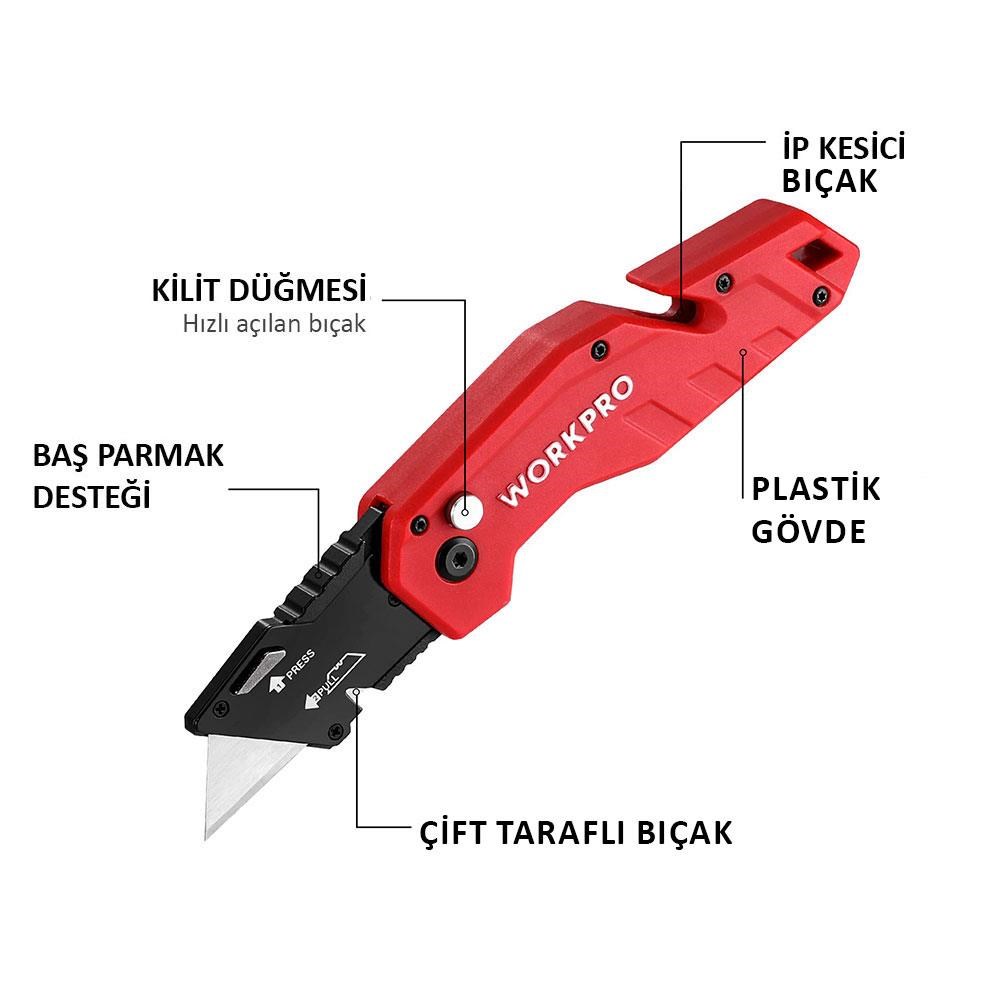 WorkproWORKPRO WP211018 Profesyonel Katlanır Çok Amaçlı Rötuş Maket Bıçağı + 10 Adet Yedek BıçakWP211018
