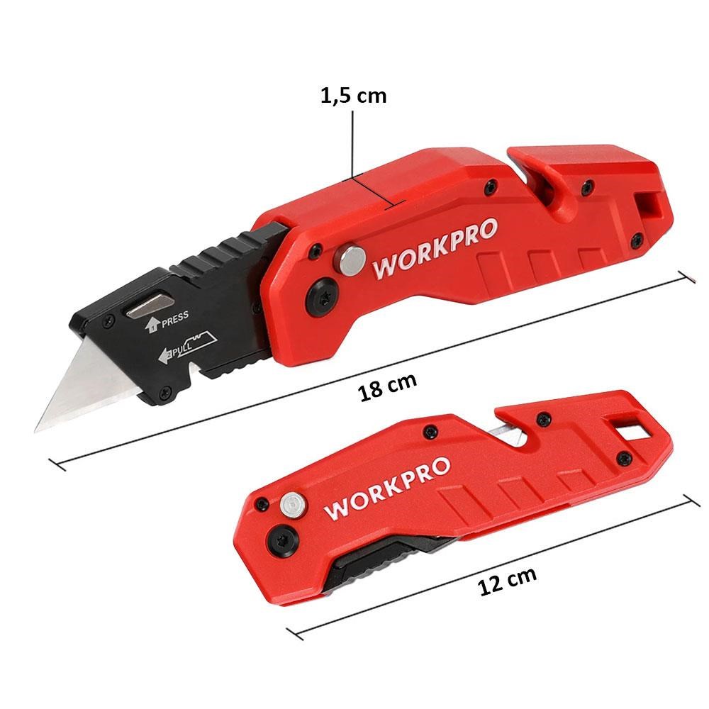 WorkproWORKPRO WP211018 Profesyonel Katlanır Çok Amaçlı Rötuş Maket Bıçağı + 10 Adet Yedek BıçakWP211018