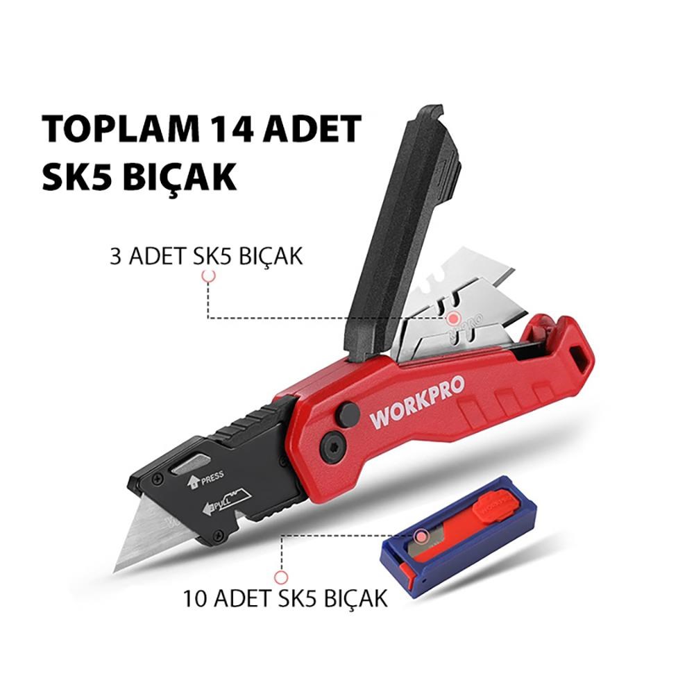 WorkproWORKPRO WP211026 Katlanır Çok Amaçlı Profesyonel Rötuş Maket Bıçağı + 14 Adet Yedek BıçakWP211026