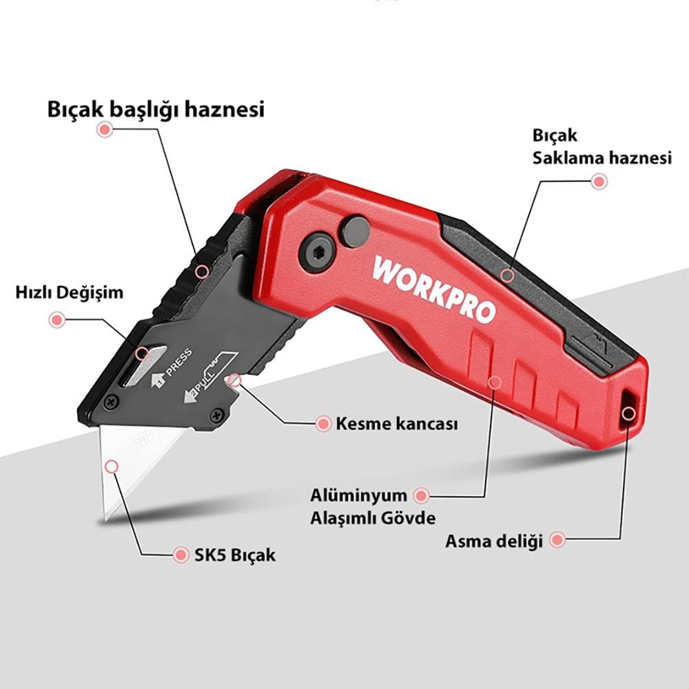 WorkproWORKPRO WP211026 Katlanır Çok Amaçlı Profesyonel Rötuş Maket Bıçağı + 14 Adet Yedek BıçakWP211026