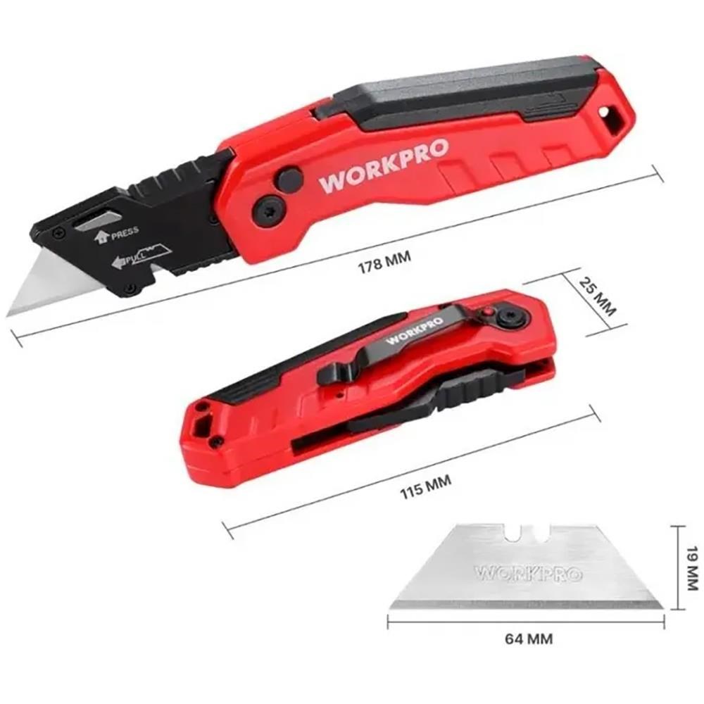 WorkproWORKPRO WP211026 Katlanır Çok Amaçlı Profesyonel Rötuş Maket Bıçağı + 14 Adet Yedek BıçakWP211026